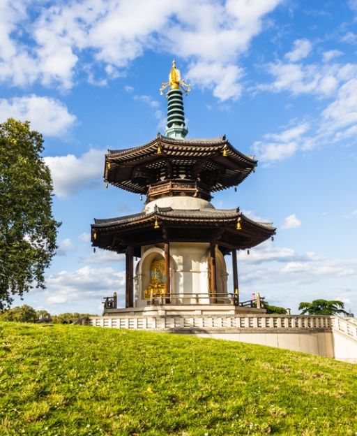 The London Peace Pagoda at Battersea Park, a three-tiered Japanese Buddhist temple on the bank of the Thames
