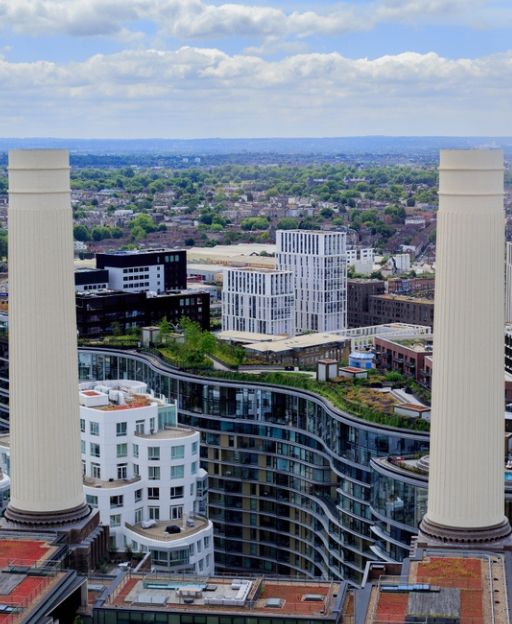 View from Lift 109 inside Battersea Power Station chimney overlooking the London skyline