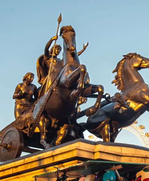 The bronze Boudicca statue at Westminster Bridge, London, showing the warrior queen in her chariot
