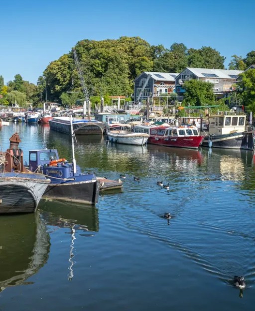 Eel Pie Island on the River Thames at Twickenham, London, with boats moored along the calm waterway