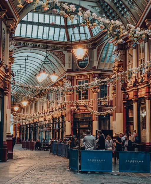 Leadenhall Market ornate Victorian covered arcade with iron pillars and glass roof in the City of London
