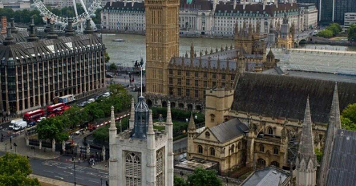 Aerial view of Westminster showing Big Ben, the London Eye and the Shard — iconic London landmarks for a 3-day itinerary