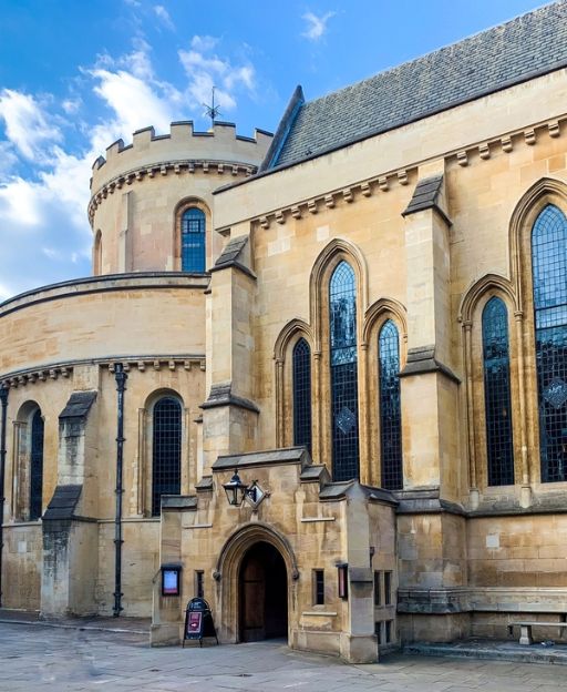 Temple Church exterior showing the distinctive circular nave built by the Knights Templar in 1185, London