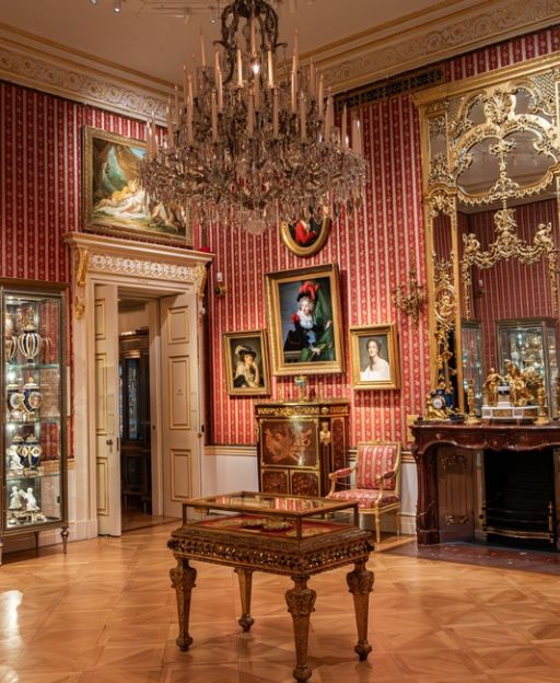 An opulent gilded room inside the Wallace Collection, with old master paintings on red silk walls and a chandelier