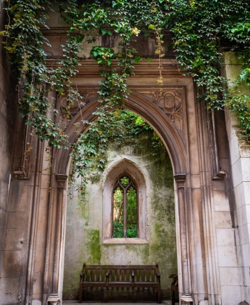 The ruined Gothic arches of St Dunstan-in-the-East church in the City of London, bombed during the Blitz and now a public garden