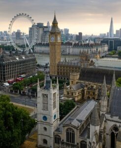 Aerial view of central London showing Big Ben, Westminster Abbey, the London Eye, and the Shard