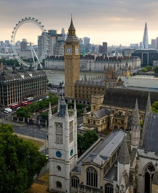 Aerial view of central London showing Big Ben, Westminster Abbey, the London Eye, and the Shard