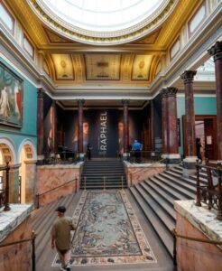 Grand interior of the National Gallery in London, a free museum on Trafalgar Square
