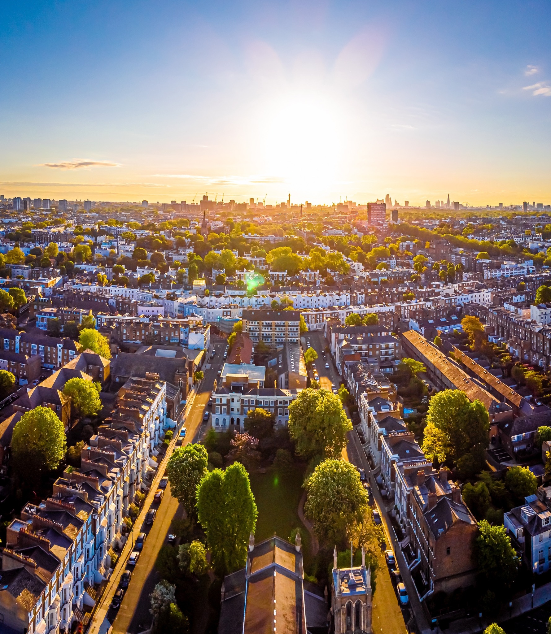 Aerial view of Notting Hill at sunrise, London