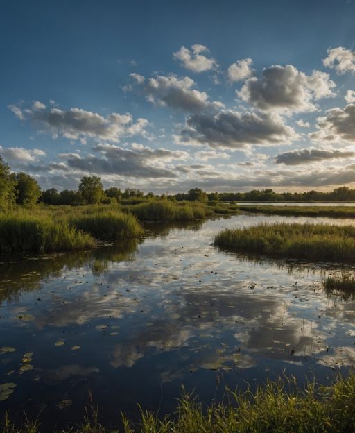 Golden hour light over reed beds and still water at Walthamstow Wetlands, London's vast urban nature reserve