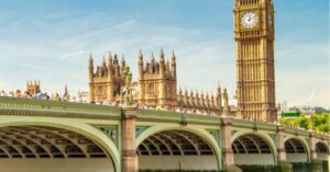 Westminster Bridge and Big Ben at the Palace of Westminster on a sunny summer day in London