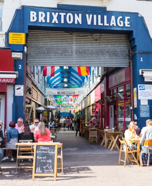 The covered entrance to Brixton Village market in south London