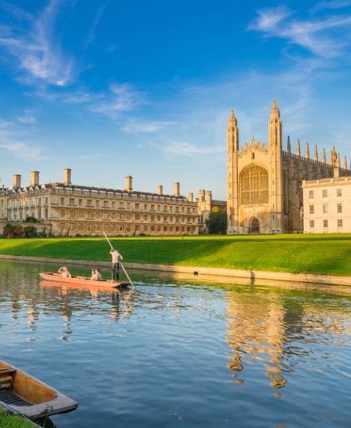 King's College Chapel Cambridge with punting on the River Cam, viewed on a day trip from London