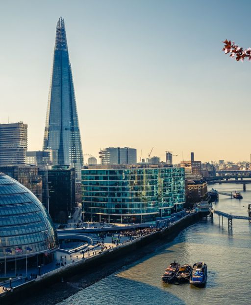 The Shard and London skyline seen from an elevated position above the south bank of the River Thames
