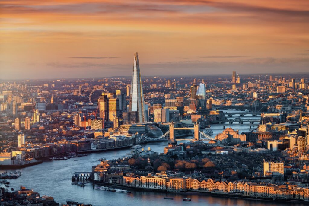 London skyline with the Shard and Tower Bridge at sunset