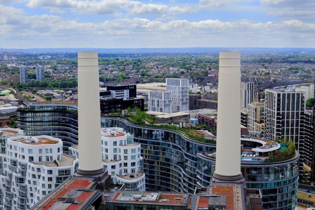 The Battersea Power Station chimneys seen from the Lift 109 viewing platform