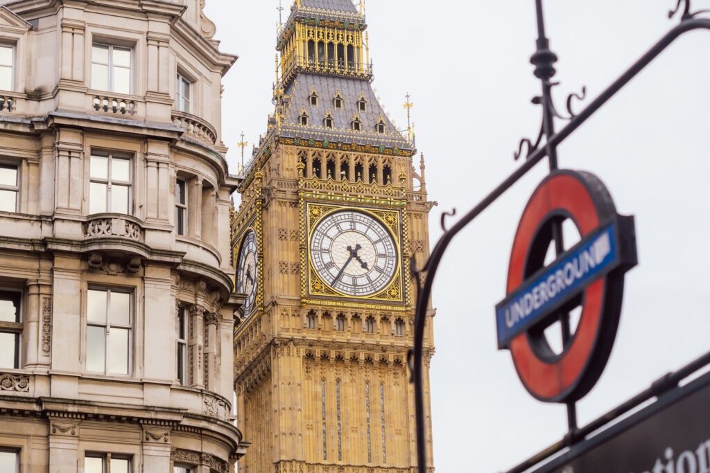 Big Ben and a London Underground sign in Westminster
