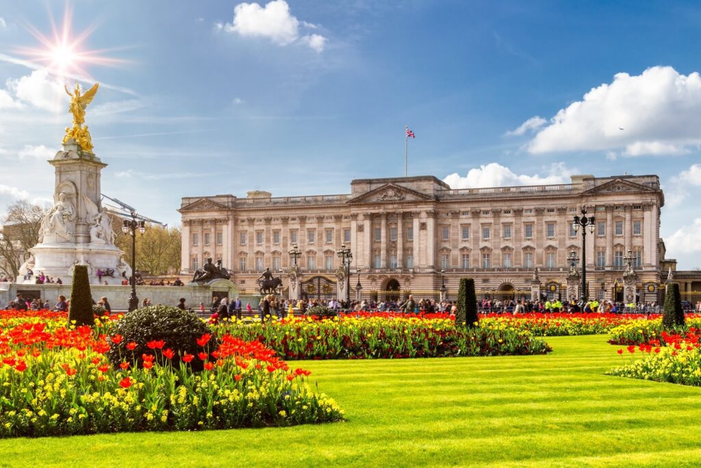 Buckingham Palace with tulip beds in the Memorial Gardens