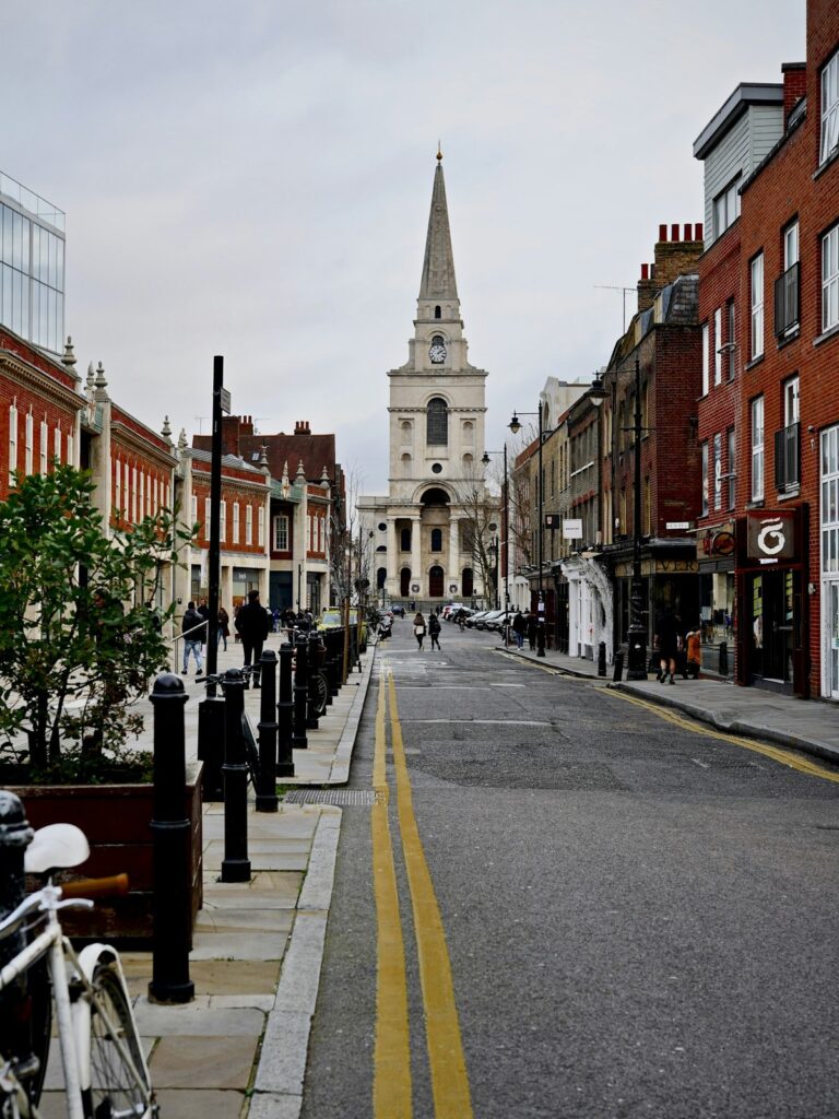 Christ Church Spitalfields at the end of a street in the East End