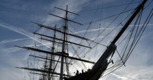 Masts, rigging and figurehead of the Cutty Sark clipper ship at Greenwich, London