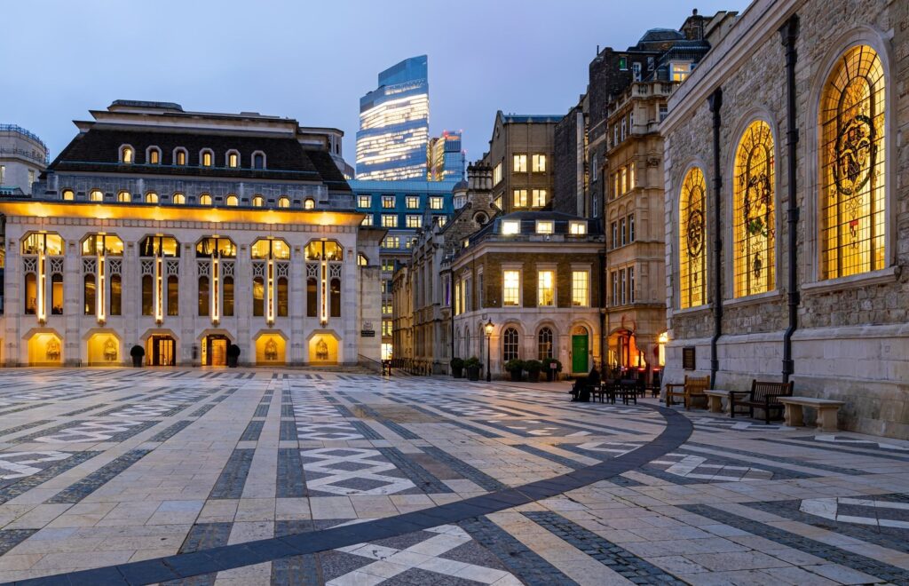 Guildhall Yard in the City of London at twilight