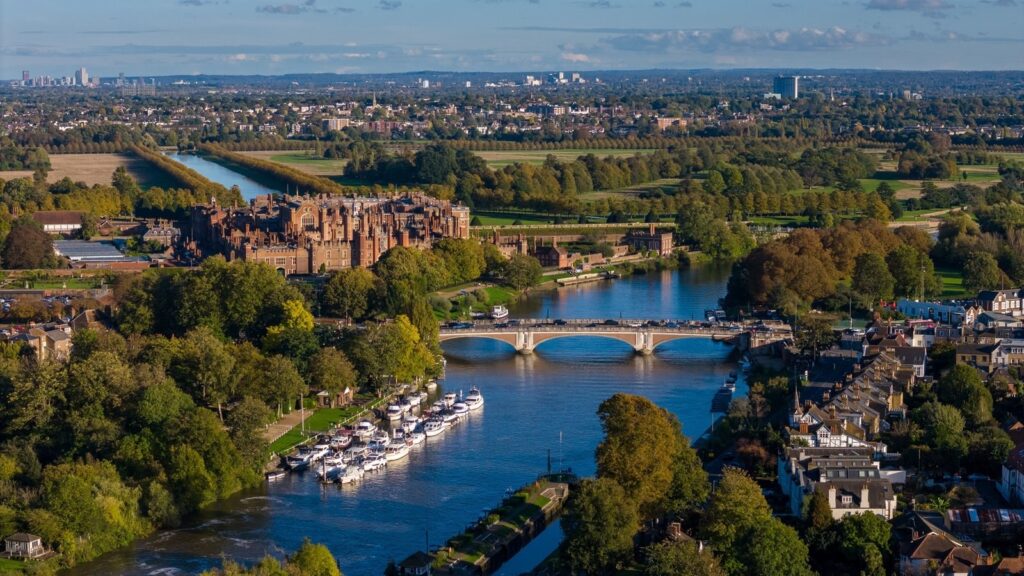 Aerial view along the Thames at Hampton Court
