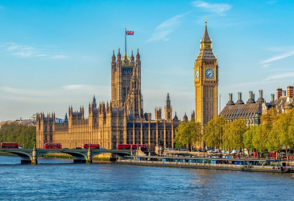 Houses of Parliament and Big Ben across the River Thames on a clear day