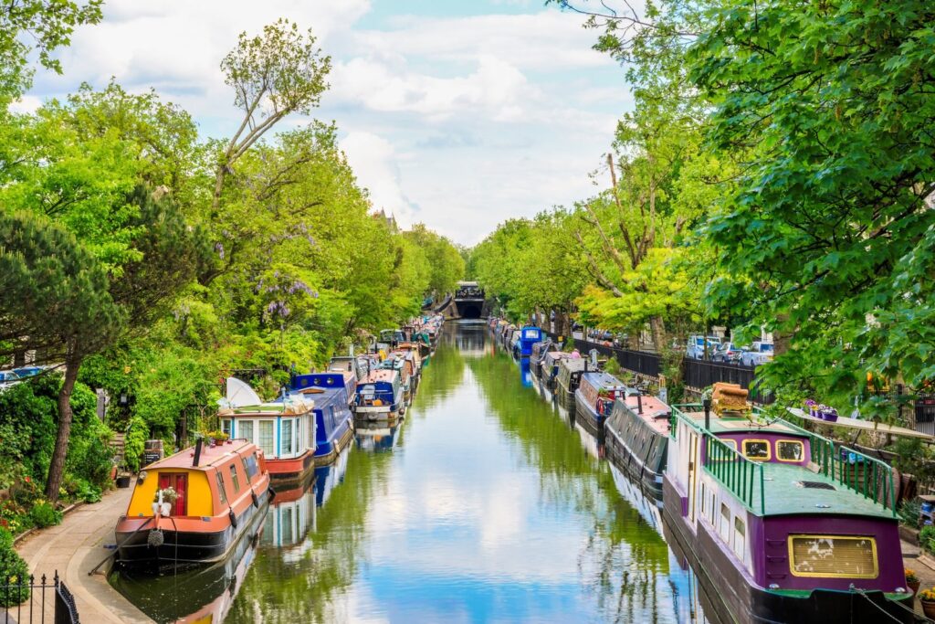 Narrowboats moored along the Regent's Canal at Little Venice.