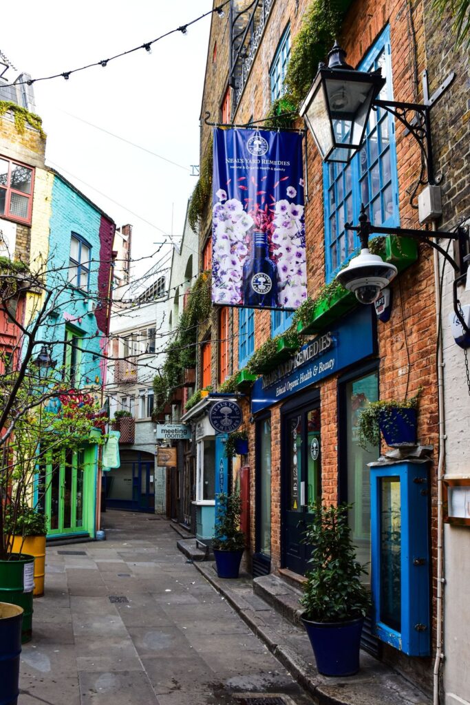 Painted shopfronts and flower pots in Neal's Yard, Covent Garden