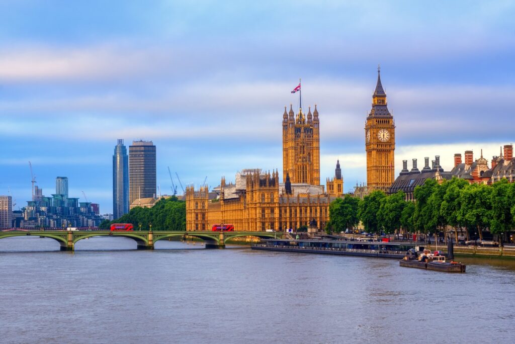 Palace of Westminster river front in morning light