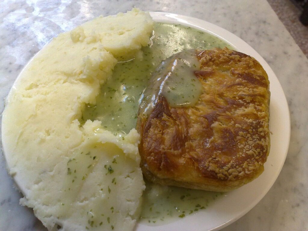 Pie, mash and green liquor at Manze's pie and mash shop on Tower Bridge Road, Bermondsey