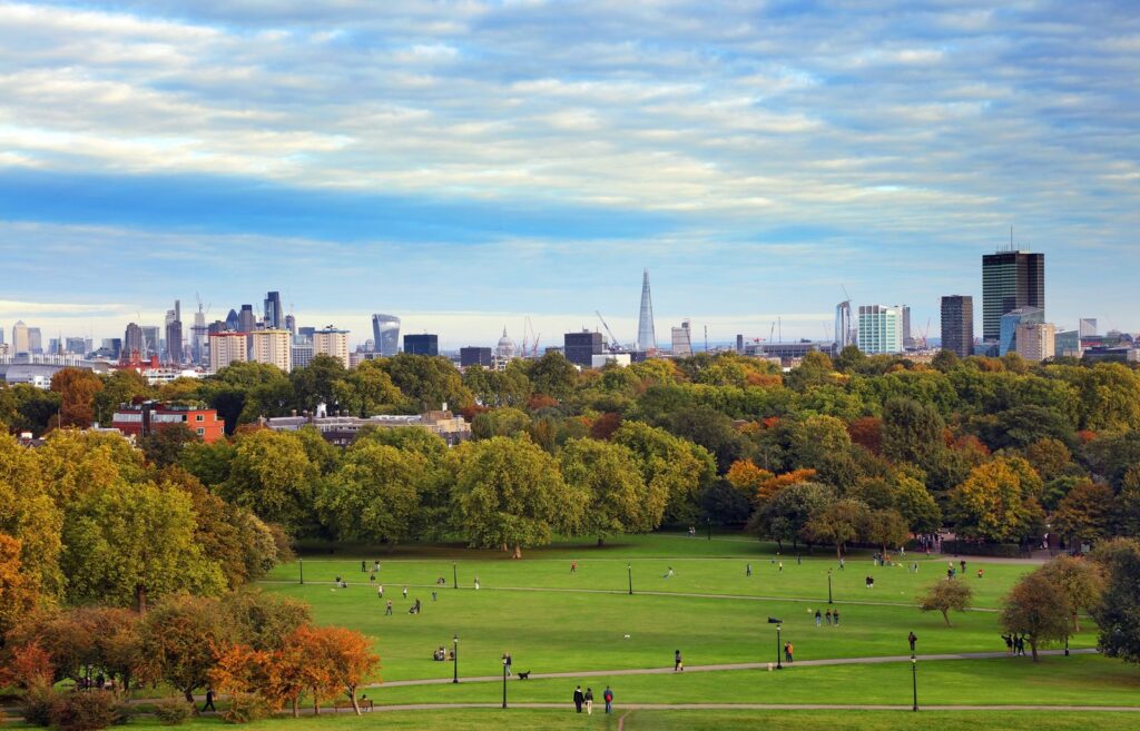 London skyline seen from the top of Primrose Hill in autumn