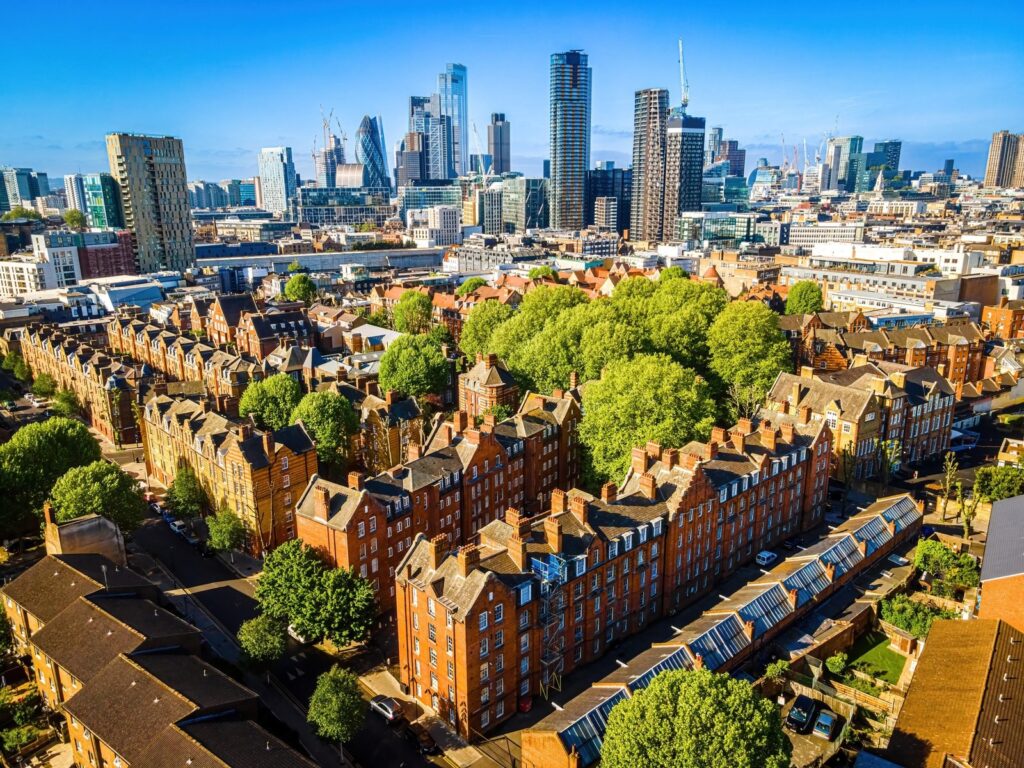 Aerial view of Victorian mansion blocks in Shoreditch