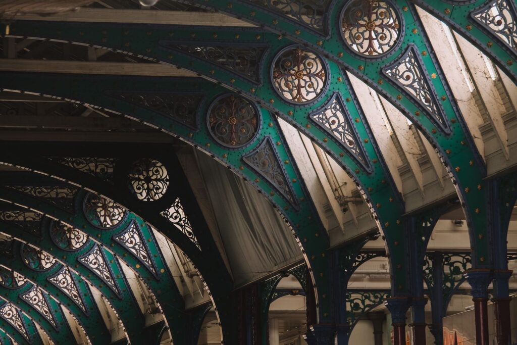 Ornate ironwork arches at Smithfield Market in London