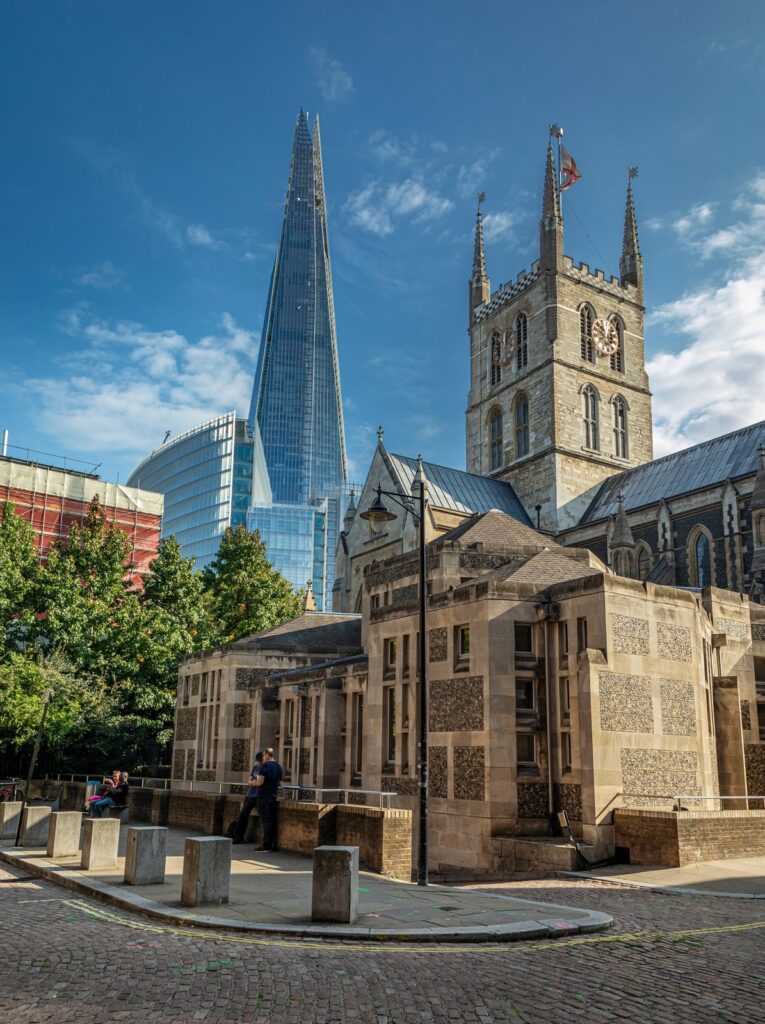 Southwark Cathedral tower with the Shard behind