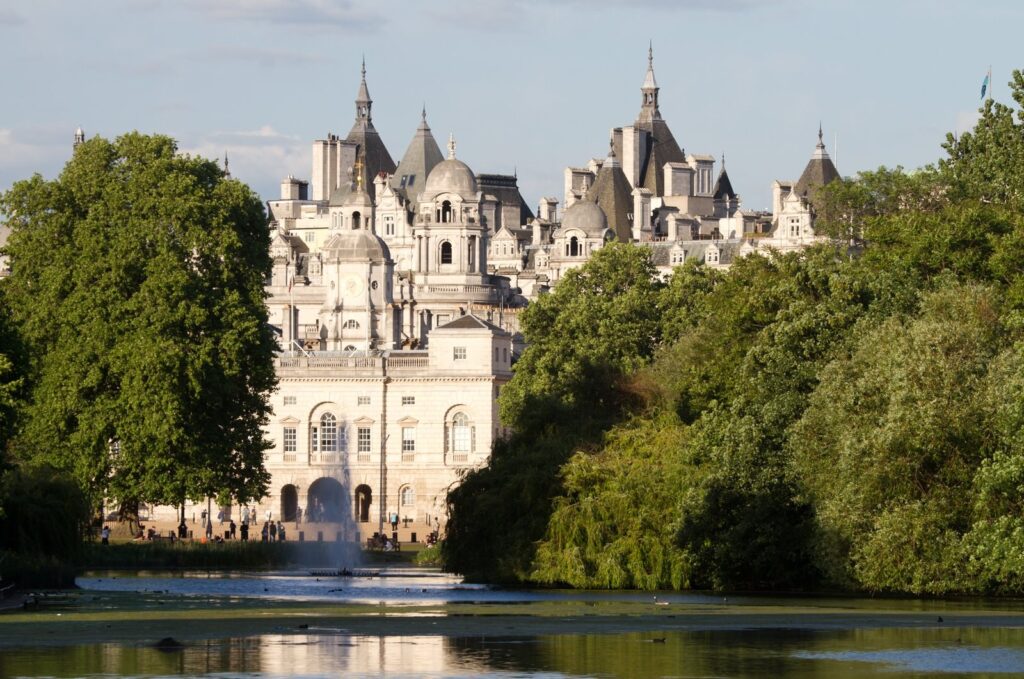 St James's Park lake with the Horse Guards buildings behind the trees