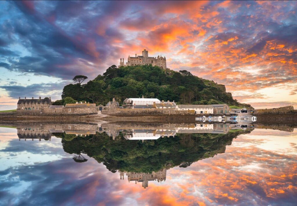 St Michael's Mount in Cornwall reflected at sunrise