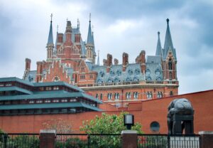 The red-brick Gothic towers and spires of the St Pancras Renaissance Hotel, the former Midland Grand Hotel, rising behind the British Library in London