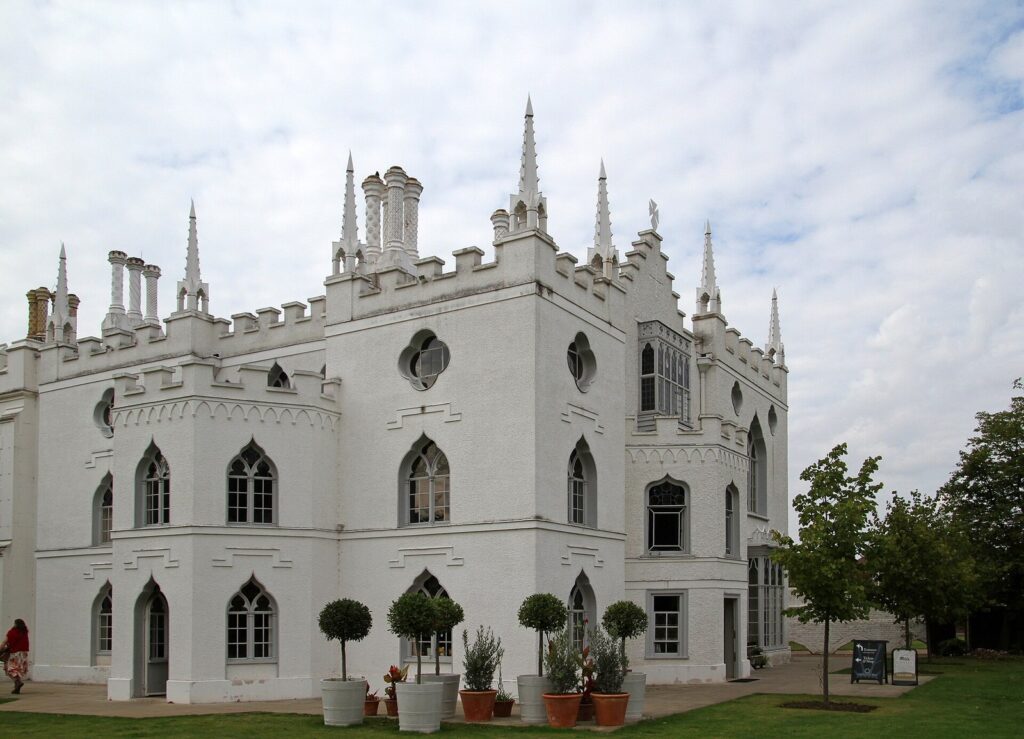Strawberry Hill House in Twickenham, with its white Gothic battlements and pinnacles.