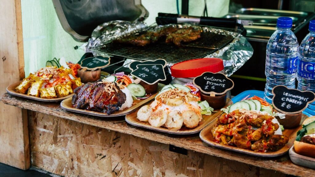 Street food on a stall at Greenwich Market