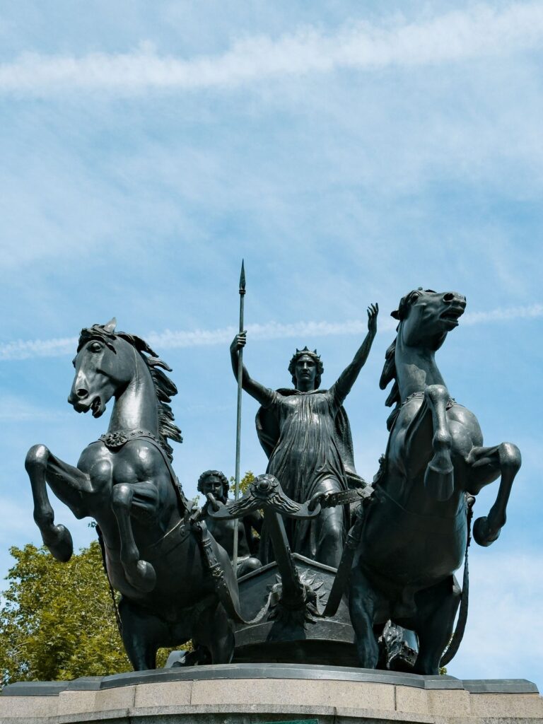 The bronze statue of Boudicca and her daughters in their chariot at Westminster Bridge