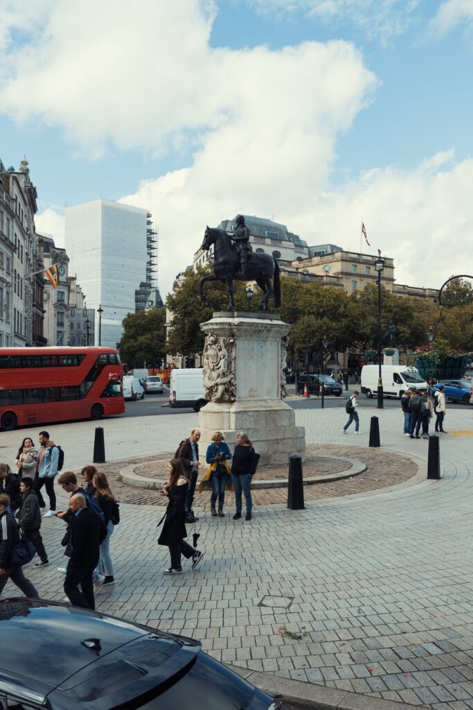 The equestrian statue of Charles I on its island at the south side of Trafalgar Square