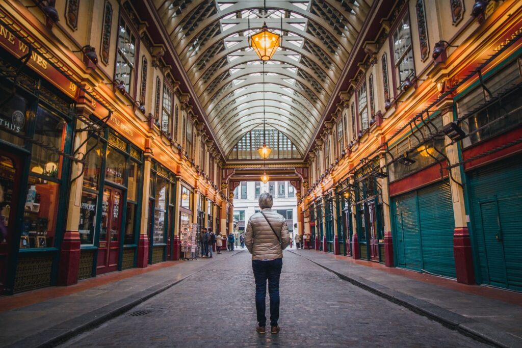 The glass-roofed Victorian arcade of Leadenhall Market in the City of London