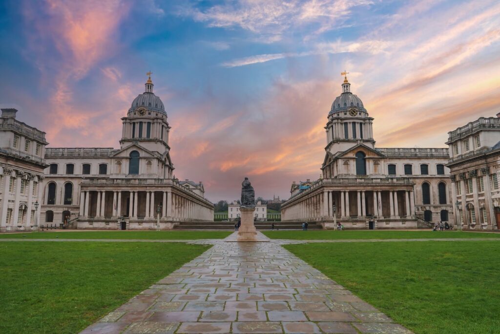 The twin domes of the Old Royal Naval College, Greenwich, at sunset