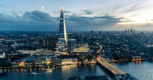 The Shard and the River Thames at dusk, seen from above in London