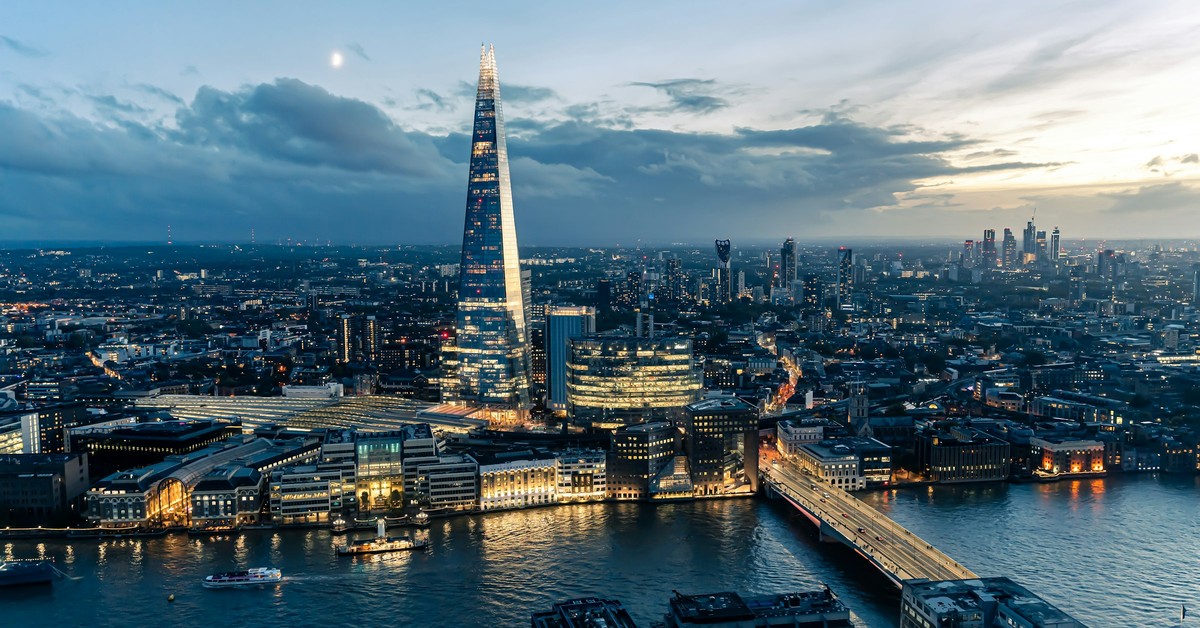 The Shard and the River Thames at dusk, seen from above in London