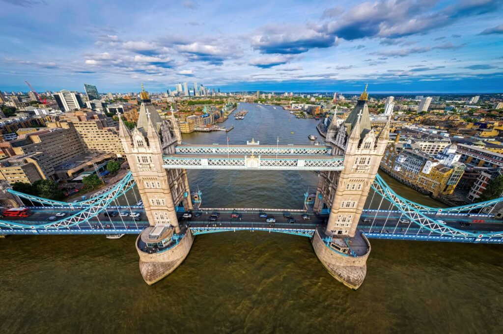 Aerial view of Tower Bridge looking east