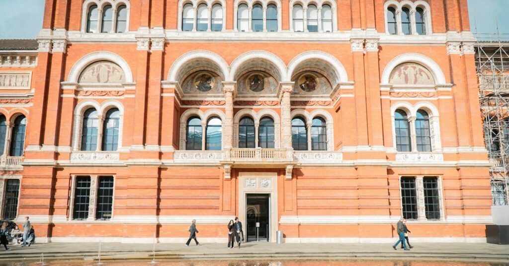 Red-brick front of the Victoria and Albert Museum in South Kensington, London