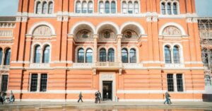 Red-brick front of the Victoria and Albert Museum in South Kensington, London