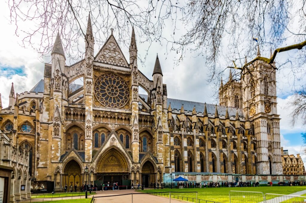 Northern facade of Westminster Abbey in London with the rose window